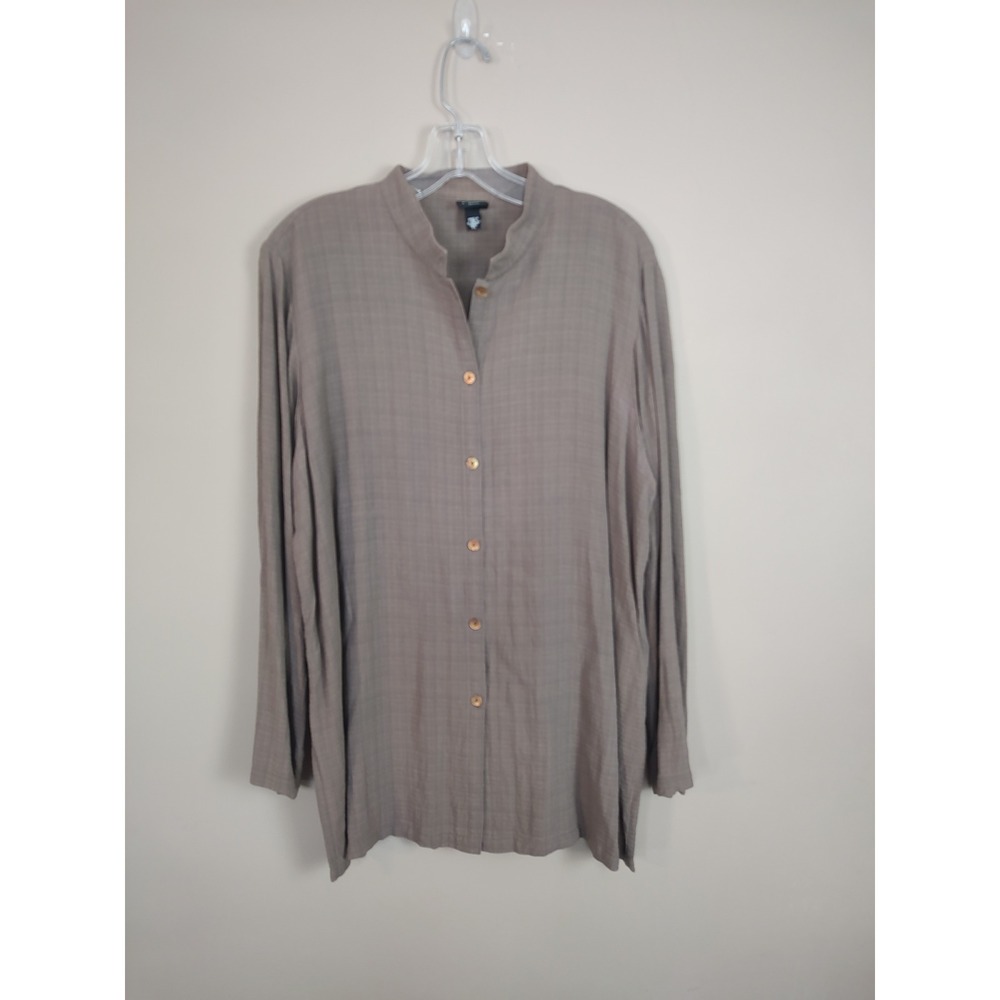 Eileen Fisher Petite Taupe Linen Blend Mandarin‎ Collar Button Up Tunic Top PL
